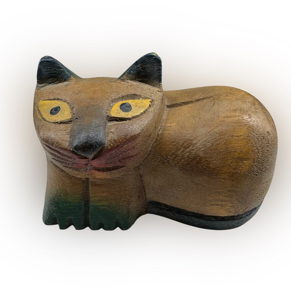 Vintage Hand-carved, Folk Art-style Wooden Cat Figurine